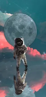 Astronaut standing on a reflective surface with moon and clouds backdrop.