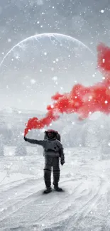 Astronaut with red smoke in snowy landscape.