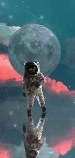 Astronaut stands on reflective water beneath a shadowed moon with teal skies.