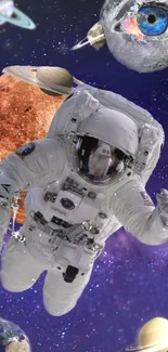 Astronaut floats among vibrant planets in a purple galaxy.