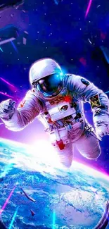 Astronaut floating in space above Earth with a cosmic background.