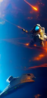 Astronaut floating near spaceship in cosmic space.