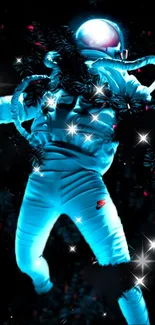 Astronaut floating in space with a glowing suit and cosmic background.