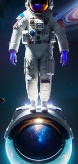 Astronaut floating in cosmic space with planets and galaxy background.