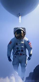 Astronaut floating in space against a blue sky backdrop.