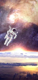 Astronaut floating in a vibrant cosmic scene with galaxy and sunrise.