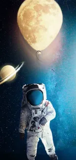 Astronaut floating in space with moon balloon and planet.