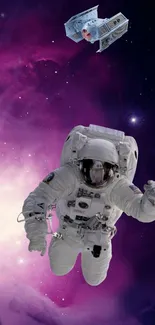 Astronaut floating in vibrant purple space with nebula.