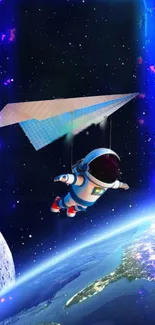 Astronaut floating in space with Earth backdrop and paper plane.