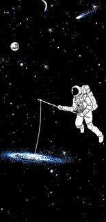 Astronaut fishing in cosmic galaxy space wallpaper.