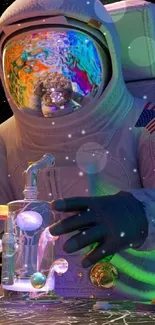 Astronaut with colorful reflections in space setting.