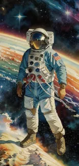 Astronaut floating in vibrant cosmic space, colorful galaxy backdrop.