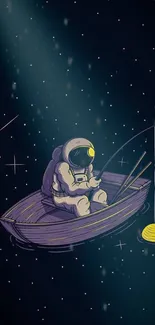 Astronaut fishing in space under a starry sky with blue tones.