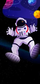 Cartoon astronaut floating in colorful space scene.