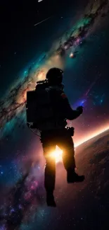 Astronaut floating in a vibrant galaxy with colorful cosmic effects.