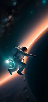 Astronaut floating in space near an orange-glowing planet's horizon.