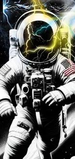 Astronaut with lightning on a cosmic space background.