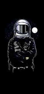 Stylish astronaut standing in space with dark cosmic background.