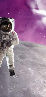 Astronaut floating in vibrant purple nebula space scene.