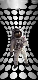 Astronaut suit in abstract space tunnel design wallpaper.