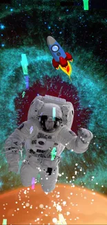 Astronaut floating in a colorful cosmic vortex with a rocket ship.