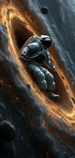 Astronaut drifts through a fiery space vortex, surrounded by the cosmic expanse.