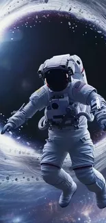 Astronaut floating near a black hole in space.