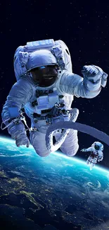 Astronaut floating above Earth against a dark cosmic background.