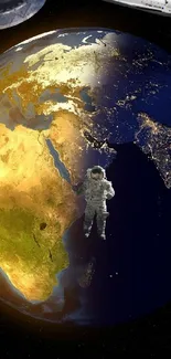 Astronaut floating above Earth with spacecraft in space.