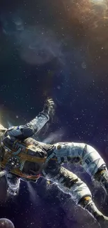 Astronaut floating in deep space with stars and a cosmic background.