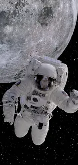 Astronaut floating in space in front of the moon with a black starry background.