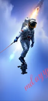 Astronaut floating in a blue cosmic sky with clouds and stars.