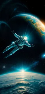 Astronaut floating in space above Earth with a cosmic backdrop.