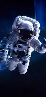 Astronaut floating in dark blue space, capturing cosmic adventure.