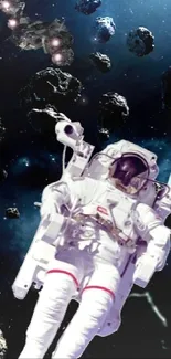 Astronaut floating in space with Earth and asteroids.