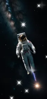 Astronaut floating in space with stars and galaxies in the background wallpaper.