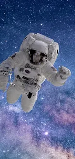 Astronaut floating in space with galaxy background.