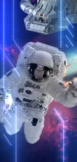 Astronaut floating in a vibrant cosmic scene with a futuristic backdrop.