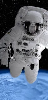 Astronaut floating above Earth in space with a starry background.