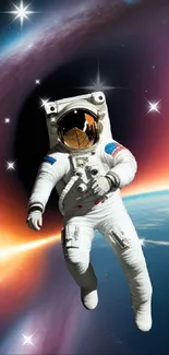 Astronaut floating over Earth with colorful space backdrop.