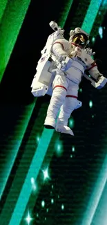 Floating astronaut with green aurora background.