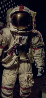 Astronaut standing on the moon with an American flag in the background.