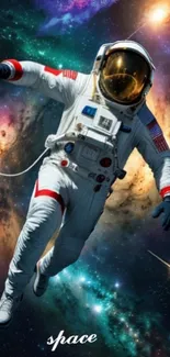 Astronaut floats in a vibrant galaxy space scene on phone wallpaper.