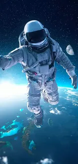 Astronaut floating above Earth in space wallpaper