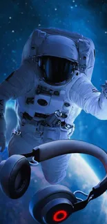 Astronaut floating in space with headphones and a blue cosmic backdrop.