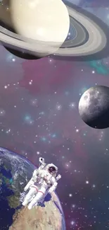 Astronaut floating in space with planets and stars, featuring a cosmic background.