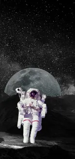 Astronaut on a moonlit landscape under a starry sky.