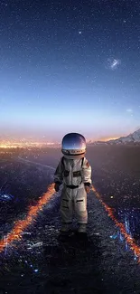 Astronaut on a cosmic path under a starry sky at night.