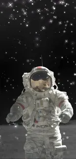 Astronaut standing on the moon with a starry sky background.