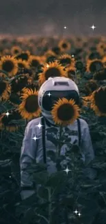 Astronaut standing in a vibrant sunflower field.